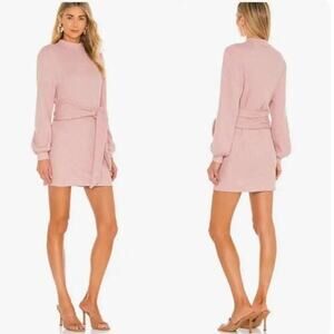 MAJORELLE Edwin Ribbed Tie Belt Balloon Sleeve Dress Pink {3G19}